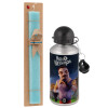 Easter Set, metallic silver aluminum water bottle (500ml) & scented flat Easter candle (30cm) (TURQUOISE)