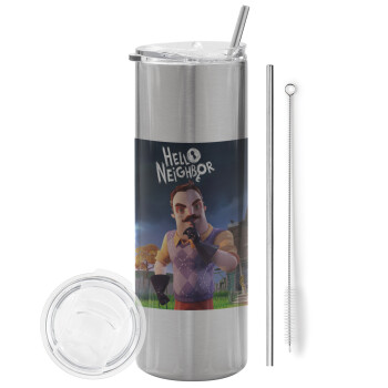  Hello Neighbor, Eco friendly stainless steel Silver tumbler 600ml, with metal straw & cleaning brush