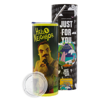  Hello Neighbor, Neon Yellow Travel Tumbler θερμό, μεταλλικό καλαμάκι(Ανωξείδωτο 304 Food grade, BPA free, 600ml)