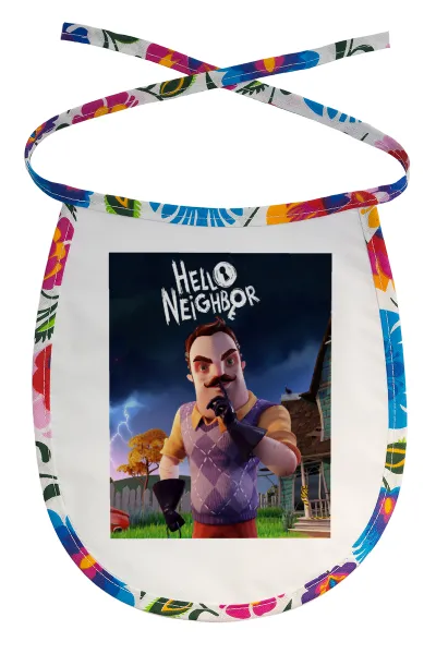 Hello Neighbor — Stain-resistant baby bib with tie, multicoloured
