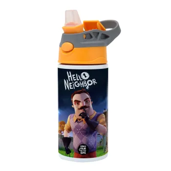  Hello Neighbor, Children's hot water bottle, stainless steel, with safety straw, Orange/Grey (360ml) BPA-FREE