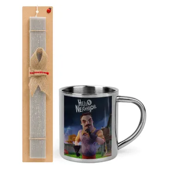  Hello Neighbor, Easter Set, metallic thermal cup (300ml) & Easter aromatic flat candle (30cm) (GRAY)