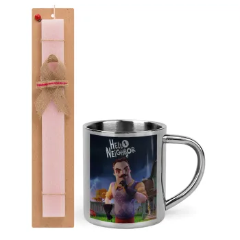  Hello Neighbor, Easter Set, metallic thermal cup (300ml) & aromatic flat Easter candle (30cm) (PINK)