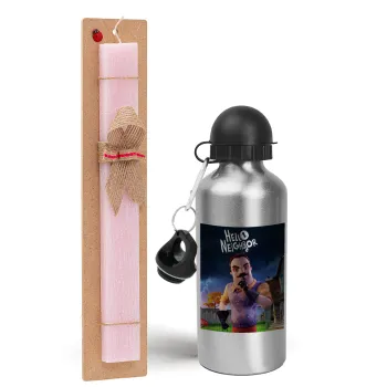  Hello Neighbor, Easter Set, metallic Silver aluminum water bottle (500ml) & scented flat Easter candle (30cm) (PINK)