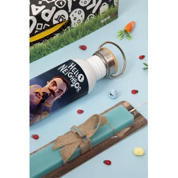  Hello Neighbor, Easter Set, metallic silver aluminum water bottle (500ml) & scented flat Easter candle (30cm) (TURQUOISE)