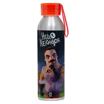  Hello Neighbor, Aluminum Sports Bottle 650ml – Silver with Red Cap and Silicone Strap