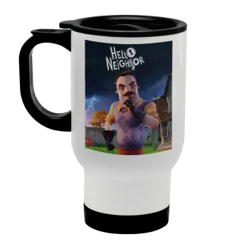  Hello Neighbor, Κούπα ταξιδιού ανοξείδωτη με καπάκι, διπλού τοιχώματος (θερμό) λευκή 450ml