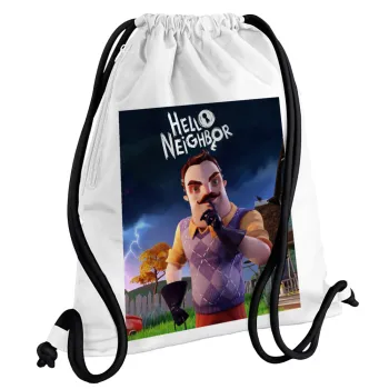  Hello Neighbor, Backpack pouch GYMBAG white, with pocket (40x48cm) & thick cords