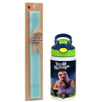  Hello Neighbor, Πασχαλινή Λαμπάδα με Παιδικό παγούρι θερμό, ανοξείδωτο, με καλαμάκι ασφαλείας, πράσινο/μπλε (350ml) & κερί αρωματικό πλακέ (30cm) (ΤΙΡΚΟΥΑΖ)