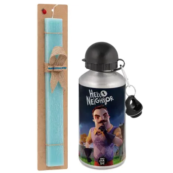  Hello Neighbor, Easter Set, metallic silver aluminum water bottle (500ml) & scented flat Easter candle (30cm) (TURQUOISE)
