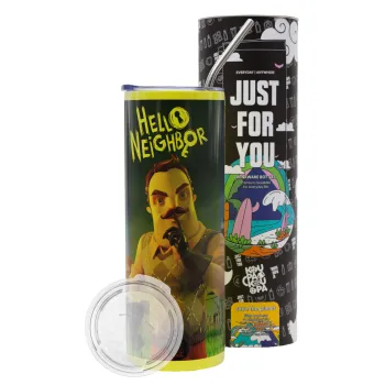  Hello Neighbor, Neon Yellow Travel Tumbler θερμό, μεταλλικό καλαμάκι(Ανωξείδωτο 304 Food grade, BPA free, 600ml)