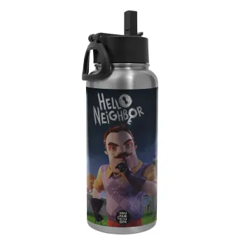  Hello Neighbor, Metal mug thermo Silver with Straw and Spout Lid (Stainless steel), double wall, 950ml