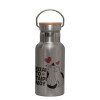 Stainless steel metallic thermos flask, silver with a bamboo lid, double-walled, 350ml.