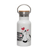Metallic thermos (Stainless steel) White with wooden lid (bamboo), double-walled, 350ml