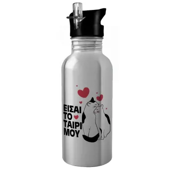 Είσαι το ταίρι μου, Water bottle Silver with straw, stainless steel 600ml