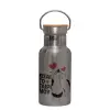 Stainless steel metallic thermos flask, silver with a bamboo lid, double-walled, 350ml.