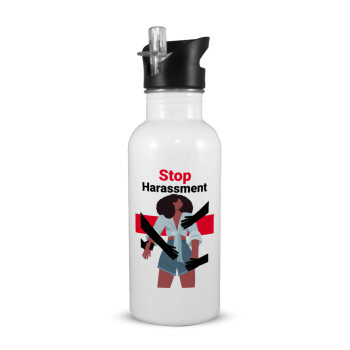 STOP Harassment, Παγούρι νερού Λευκό με καλαμάκι, ανοξείδωτο ατσάλι 600ml