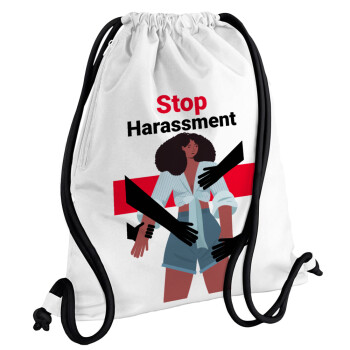 STOP Harassment, Τσάντα πλάτης πουγκί GYMBAG λευκή, με τσέπη (40x48cm) & χονδρά κορδόνια