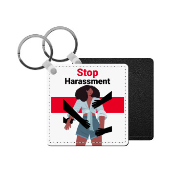 STOP Harassment, Μπρελόκ Δερματίνη, τετράγωνο ΜΑΥΡΟ (5x5cm)