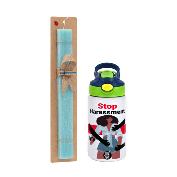 STOP Harassment, Πασχαλινό Σετ, Παιδικό παγούρι θερμό, ανοξείδωτο, με καλαμάκι ασφαλείας, πράσινο/μπλε (350ml) & πασχαλινή λαμπάδα αρωματική πλακέ (30cm) (ΤΙΡΚΟΥΑΖ)