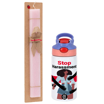STOP Harassment, Πασχαλινό Σετ, Παιδικό παγούρι θερμό, ανοξείδωτο, με καλαμάκι ασφαλείας, ροζ/μωβ (350ml) & πασχαλινή λαμπάδα αρωματική πλακέ (30cm) (ΡΟΖ)
