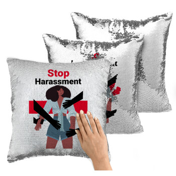 STOP Harassment, Μαξιλάρι καναπέ Μαγικό Ασημένιο με πούλιες 40x40cm περιέχεται το γέμισμα