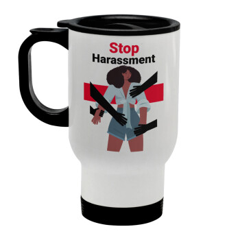 STOP Harassment, Κούπα ταξιδιού ανοξείδωτη με καπάκι, διπλού τοιχώματος (θερμό) λευκή 450ml