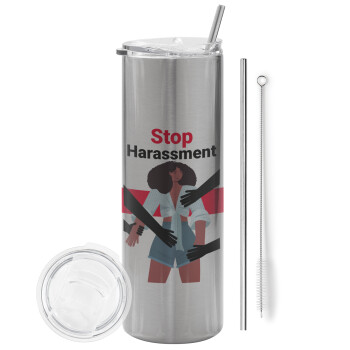 STOP Harassment, Eco friendly ποτήρι θερμό Ασημένιο (tumbler) από ανοξείδωτο ατσάλι 600ml, με μεταλλικό καλαμάκι & βούρτσα καθαρισμού
