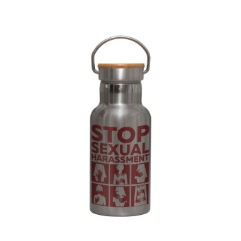 STOP sexual Harassment, Μεταλλικό παγούρι θερμός (Stainless steel) Ασημένιο με ξύλινο καπακι (bamboo), διπλού τοιχώματος, 350ml