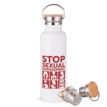 STOP sexual Harassment, Μεταλλικό παγούρι θερμός (Stainless steel) Λευκό με ξύλινο καπακι (bamboo), διπλού τοιχώματος, 750ml