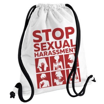 STOP sexual Harassment, Τσάντα πλάτης πουγκί GYMBAG λευκή, με τσέπη (40x48cm) & χονδρά κορδόνια