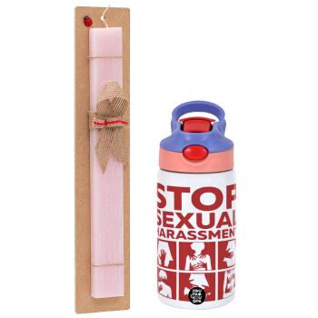 STOP sexual Harassment, Πασχαλινό Σετ, Παιδικό παγούρι θερμό, ανοξείδωτο, με καλαμάκι ασφαλείας, ροζ/μωβ (350ml) & πασχαλινή λαμπάδα αρωματική πλακέ (30cm) (ΡΟΖ)