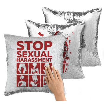 STOP sexual Harassment, Μαξιλάρι καναπέ Μαγικό Ασημένιο με πούλιες 40x40cm περιέχεται το γέμισμα