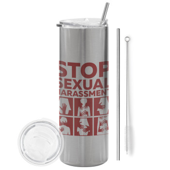 STOP sexual Harassment, Eco friendly ποτήρι θερμό Ασημένιο (tumbler) από ανοξείδωτο ατσάλι 600ml, με μεταλλικό καλαμάκι & βούρτσα καθαρισμού
