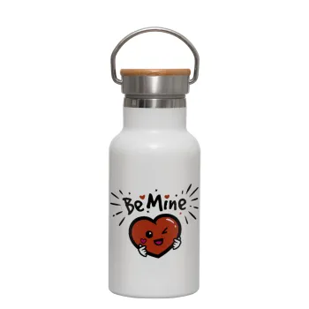 Be mine!, Metallic thermos (Stainless steel) White with wooden lid (bamboo), double-walled, 350ml