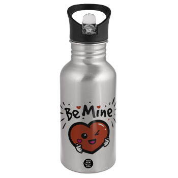 Be mine!, Παγούρι νερού Ασημένιο με καλαμάκι, ανοξείδωτο ατσάλι 500ml