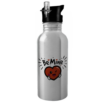 Be mine!, Water bottle Silver with straw, stainless steel 600ml