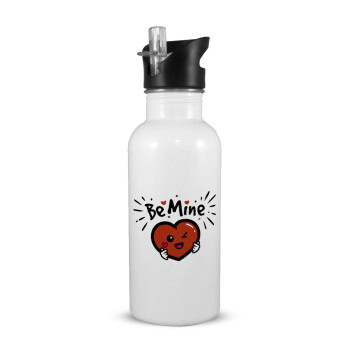 Be mine!, White water bottle with straw, stainless steel 600ml