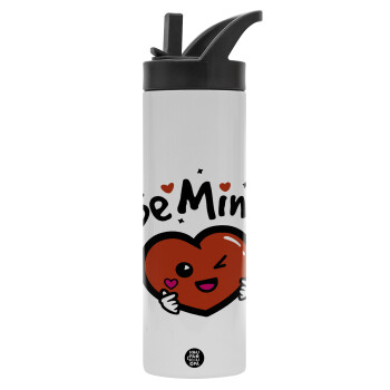 Be mine!, Metallic thermos bottle with straw & handle, stainless steel (Stainless steel 304), double-walled, 600ml.