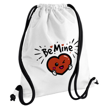 Be mine!, Τσάντα πλάτης πουγκί GYMBAG λευκή, με τσέπη (40x48cm) & χονδρά κορδόνια