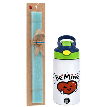 Be mine!, Easter Set, Children's thermal stainless steel bottle with safety straw, green/blue (350ml) & aromatic flat Easter candle (30cm) (TURQUOISE)