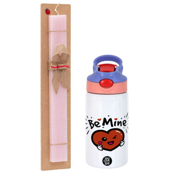 Be mine!, Easter Set, Children's thermal stainless steel water bottle with safety straw, pink/purple (350ml) & Easter scented flat candle (30cm) (PINK)