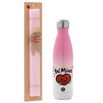 Be mine!, Easter Set, Metallic pink/white (Stainless steel) thermos, double-walled, 500ml & aromatic flat Easter candle (30cm) (PINK)
