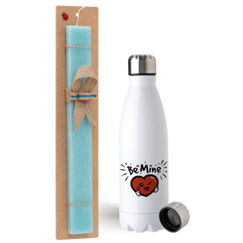 Be mine!, Easter Set, metallic stainless steel water bottle (750ml) & aromatic flat Easter candle (30cm) (TURQUOISE)
