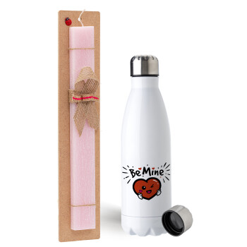 Be mine!, Easter Set, metallic stainless steel water bottle (750ml) & scented flat Easter candle (30cm) (PINK)