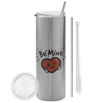 Be mine!, Eco friendly ποτήρι θερμό Ασημένιο (tumbler) από ανοξείδωτο ατσάλι 600ml, με μεταλλικό καλαμάκι & βούρτσα καθαρισμού