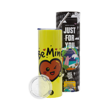 Be mine!, Neon Yellow Travel Tumbler θερμό, μεταλλικό καλαμάκι(Ανωξείδωτο 304 Food grade, BPA free, 600ml)