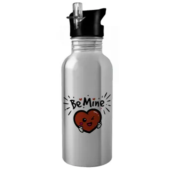 Be mine!, Water bottle Silver with straw, stainless steel 600ml