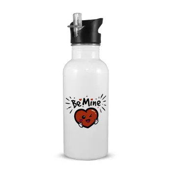 Be mine!, White water bottle with straw, stainless steel 600ml