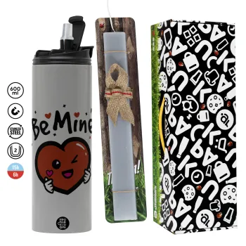 Be mine!, Πασχαλινή Λαμπάδα με Travel Tumbler θερμό (600ml, BPA free) & κερί αρωματικό πλακέ (30cm) (ΓΚΡΙ)